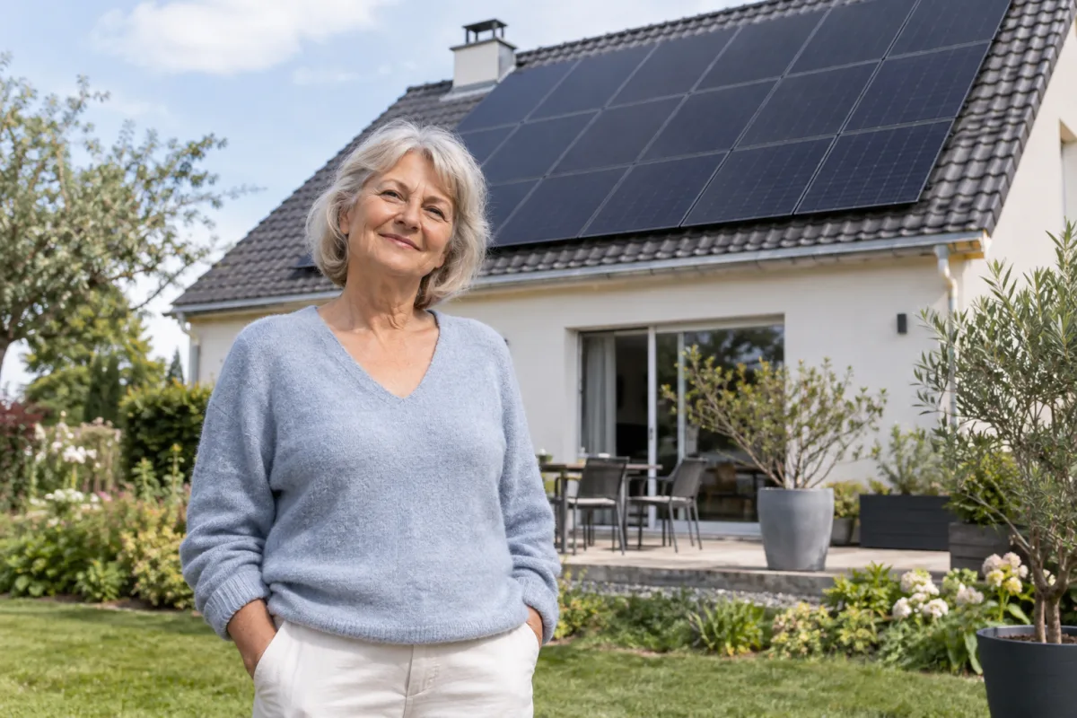 Propriétaire devant une maison équipée de panneaux photovoltaïques — image d’illustration